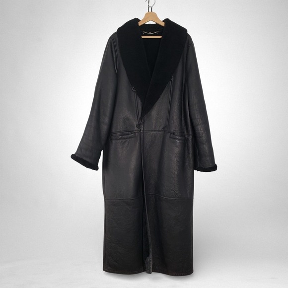 American Vintage Jackets & Blazers - Vintage Patmos Long Leather Shearling Coat Womens Large Black Trench Full Length
